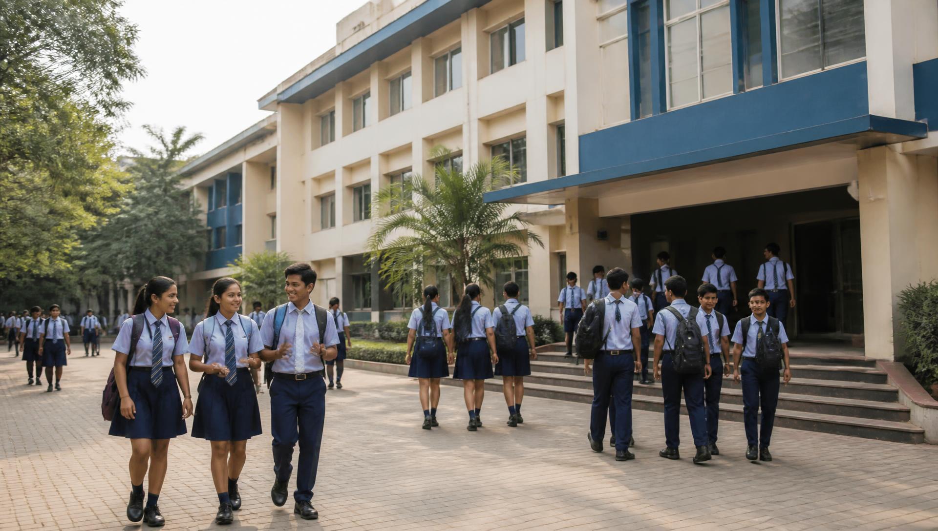 Students walking through the Tapovan Vidhyalay campus in Bhayandar